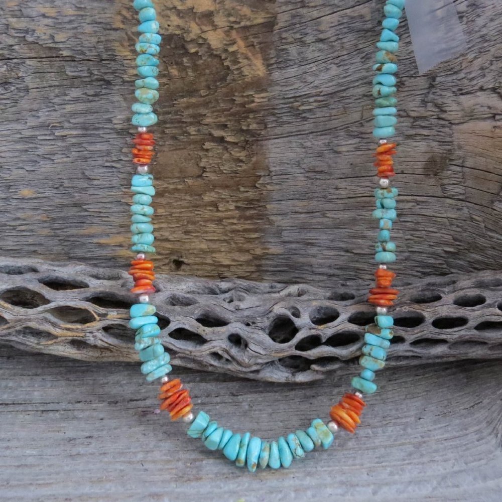 Native American Navajo Turquoise Spiny Oyster Sterling Silver Beaded Necklace 18